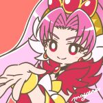  1girl akagi_towa blush bracelet choker closed_mouth cure_scarlet detached_sleeves earrings eyelashes go!_princess_precure gold_bracelet gradient_hair hair_intakes highres jewelry long_hair looking_at_viewer magical_girl mayena multicolored_hair open_mouth outline outstretched_hand parted_bangs pink_hair precure red_background red_eyes red_sleeves signature smile solo tiara upper_body very_long_hair white_outline 