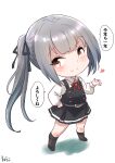  1girl artist_name brown_eyes chibi collared_shirt commentary_request dress dress_shirt fuji_(pixiv24804665) full_body grey_hair hand_on_own_hip happy_new_year highres kantai_collection kasumi_(kancolle) long_hair neck_ribbon pinafore_dress red_ribbon ribbon shirt side_ponytail simple_background sleeveless sleeveless_dress smile solo standing white_background white_shirt 