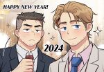  2024 2boys adjusting_clothes adjusting_necktie bara beard_stubble black_eyes black_hair blonde_hair blush couple david_king_(dead_by_daylight) dead_by_daylight english_text eyebrow_cut facial_hair felix_richter formal hair_slicked_back happy_new_year highres husband_and_husband indoors looking_at_viewer male_focus multiple_boys necktie new_year short_hair smile sparkle sparkle_background sparse_stubble stubble suit undercut upper_body wasted_m9 yaoi 