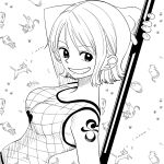  1girl cat commentary_request eyelashes greyscale happy holding holding_staff monochrome nami_(one_piece) ns1123 one_piece shirt short_hair sketch smile solo staff tattoo white_background 