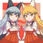  2girls :3 alternate_costume an-chan_(ananna0315) animal_ears bow brown_hair extra_ears ezo_red_fox_(kemono_friends) fox_ears fox_girl fox_shadow_puppet fox_tail grey_hair hair_between_eyes hakama highres japanese_clothes kemono_friends long_hair matching_outfits miko multicolored_hair multiple_girls orange_eyes orange_hair red_bow red_hakama shirt short_sleeves sidelocks silver_fox_(kemono_friends) tail white_shirt 