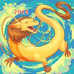  2024 blue_background chinese_zodiac cloud commentary_request dragon eastern_dragon fangs highres matsuki_(mikipingpong) no_humans original sharp_teeth teeth year_of_the_dragon yellow_eyes 