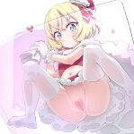  1girl against_glass artist_request ass blonde_hair blue_eyes blush breasts christmas closed_mouth crotch hat jashin-chan_dropkick lierre looking_at_viewer midriff navel no_panties pussy red_skirt santa_costume santa_hat short_hair skirt small_breasts solo source_request thighhighs white_thighhighs 