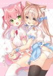  2girls animal_ear_fluff animal_ears ass black_thighhighs blue_bow blush bow brown_eyes brown_hair cat_ears cat_girl cat_tail fang from_side green_eyes hair_bow hamico highres long_hair looking_at_viewer maid medium_hair multiple_girls open_mouth original panties pink_bow pink_hair tail thighhighs underwear white_panties white_thighhighs 