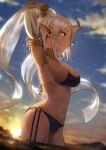  1girl armpits arms_up beach bikini black_bikini breasts fagi_(kakikaki) from_side harem_outfit highres long_hair navel original pointy_ears smile solo stomach sunset swimsuit wading white_veil 