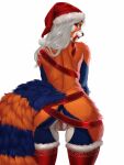 absurd_res ailurid anthro bear blue_body blue_fur butt christmas christmas_clothing christmas_headwear clothing female fluffy fluffy_tail fur genitals grey_eyes hair hat headgear headwear hi_res holidays legwear looking_at_viewer looking_back mammal moirah multicolored_body multicolored_fur pussy rear_view red_body red_fur red_panda santa_hat solo stockings tail white_body white_fur white_hair