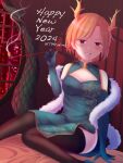  1girl antlers blonde_hair dragon_girl dragon_horns dragon_tail happy_new_year highres horns kicchou_yachie looking_at_viewer new_year red_eyes short_hair smile smoking_pipe tail tomo_takino touhou turtle_shell yellow_horns 
