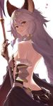 1girl absurdres aiu_eo animal_ears backless_outfit bare_shoulders braid erune gauntlets granblue_fantasy hair_between_eyes hair_tubes heles highres holding holding_spear holding_weapon long_hair looking_at_viewer polearm sideless_outfit silver_hair solo spear very_long_hair weapon 