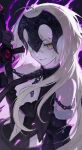  1girl black_dress breasts chain collar dark_background detached_sleeves dress elbow_gloves fate/grand_order fate_(series) fire frost_fog gloves grin headpiece highres holding holding_sword holding_weapon jeanne_d&#039;arc_alter_(avenger)_(fate) jeanne_d&#039;arc_alter_(avenger)_(third_ascension)_(fate) jeanne_d&#039;arc_alter_(fate) looking_at_viewer medium_breasts metal_collar pale_skin parted_lips purple_fire smile solo sword upper_body weapon white_hair yellow_eyes 