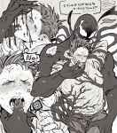  2boys anger_vein bara beard_stubble blush covered_nipples eddie_brock finger_in_another&#039;s_mouth greyscale heart highres interspecies large_hands large_pectorals legs_together male_focus marvel mature_male monochrome monster_boy multiple_boys multiple_views muscular muscular_male open_mouth pectorals profile saliva sharp_teeth shirt short_hair sideburns sio_1123 slime_boy smile spider-man_(series) spoken_heart symbiote t-shirt teeth thighs tongue tongue_out torogao translation_request venom_(marvel) yaoi 