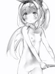  1girl bangs blunt_bangs blush bow breasts eyebrows_visible_through_hair greyscale hair_bow hairband highres holding long_hair monochrome mononobe_alice nanashi_(nlo74593630) navel nijisanji nipples nude parted_lips ponytail ring_fit_adventure sidelocks simple_background small_breasts virtual_youtuber white_background 