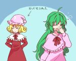  2girls ahoge arms_behind_back blonde_hair capelet closed_eyes closed_mouth commentary_request crescent_print dress elly_(touhou) flat_chest frilled_hat frills green_hair hat highres kaigen_1025 kazami_yuuka kazami_yuuka_(pc-98) long_hair long_sleeves multiple_girls neck_ribbon nightcap no_nose open_mouth pink_capelet pink_dress pink_headwear red_dress red_ribbon ribbon short_hair star_(symbol) star_print touhou touhou_(pc-98) translation_request yawning 