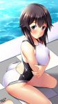  1girl :t ass bangs bare_legs bare_shoulders black_hair blush breast_hold breasts commentary_request competition_swimsuit crossed_arms dated day from_above hayasui_(kantai_collection) highleg highleg_swimsuit highres kantai_collection large_breasts looking_at_viewer one-piece_swimsuit pool poolside short_hair silver_eyes solo swimsuit tile_floor tiles tsuchimiya water white_swimsuit 