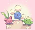  :d ^_^ animal_focus blush_stickers closed_eyes closed_mouth confetti cotton_ball flower fluffy frown hands_on_own_face highres hoppip jumping jumpluff loveycloud no_humans open_mouth pink_background podium pokemon pokemon_(creature) pokemon_gsc simple_background skiploom smile 