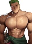  1boy abs adam&#039;s_apple alternate_pectoral_size alternate_scar bara clothes_down cowboy_shot earrings green_hair highres huge_pectorals jewelry kaysuoae looking_at_viewer male_focus muscular muscular_male navel nipples one_piece roronoa_zoro scar scar_across_eye shiny_skin short_hair sideburns single_earring smile solo sparse_chest_hair stitches stomach topless_male 
