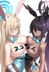  2girls absurdres animal_ears asuna_(blue_archive) asuna_(bunny)_(blue_archive) black_hair black_leotard black_pantyhose blue_archive blue_bow blue_bowtie blue_eyes blue_halo blue_leotard bow bowtie breast_press breasts choejeongmin7 dark-skinned_female dark_skin detached_collar fake_animal_ears fishnet_pantyhose fishnets gloves hair_between_eyes halo highres karin_(blue_archive) karin_(bunny)_(blue_archive) leotard light_brown_hair long_hair mole mole_on_breast multiple_girls official_alternate_costume pantyhose ponytail purple_halo rabbit_ears simple_background strapless strapless_leotard symmetrical_docking very_long_hair white_background white_gloves yellow_eyes 