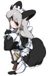  1girl absurdres alternate_costume animal_ears apron ass black_dress black_horns bolt_(min_lona) breasts dress enmaided frilled_apron frills goat_ears goat_girl goat_horns grey_hair highres horizontal_pupils horns juliet_sleeves long_hair long_sleeves looking_at_viewer low-tied_long_hair maid maid_apron maid_headdress min_lona original puffy_sleeves simple_background solo very_long_hair white_apron yellow_eyes 