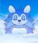 2024 animal_crossing anthro apron blue_body breasts bust_portrait clothing cloud digital_drawing_(artwork) digital_media_(artwork) eulipotyphlan eyes_closed female freckles guywiththepie hedgehog mammal meme nintendo portrait sable_able smile solo