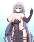  1girl asamura_hiori black_choker breasts choker covered_navel elbow_gloves energy_sword gloves green_eyes highres huge_breasts looking_at_viewer original pelvic_curtain revealing_clothes solo sword twintails weapon white_background white_hair 