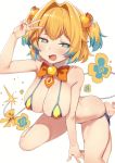  aqua_eyes aqua_hair arched_back arm_support arm_up bangs barefoot bikini blonde_hair blush bow breasts cleavage detached_collar fangs grenade_hair_ornament hair_intakes half-closed_eyes kylin large_breasts lit_fuse looking_at_viewer micro_bikini multicolored_hair open_mouth orange_bow ribbon shiny shiny_hair short_hair side-tie_bikini simple_background sitting skin_fangs skindentation smile solo string_bikini swimsuit symbol-shaped_pupils thighs two-tone_hair two_side_up v wariza white_background yellow_bikini yellow_ribbon 