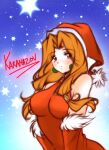  1girl breasts brown_eyes brown_hair christmas closed_mouth commentary dress earrings fur_trim hair_tubes hat highres jewelry karamazov long_hair looking_at_viewer low_twintails red_dress red_headwear santa_dress santa_hat smile sodina_dawnfried solo thousand_arms twintails 