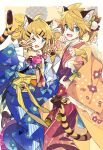  1boy 1girl :3 ahoge animal_ears animal_hands bell blonde_hair blue_eyes blue_kimono border commentary feet_out_of_frame floral_print_kimono gloves hair_ornament japanese_clothes kagamine_len kagamine_rin kimono long_sleeves looking_at_viewer one_eye_closed open_mouth paw_gloves paw_pose red_kimono short_braid short_hair short_ponytail smile tail tiger_boy tiger_ears tiger_girl tiger_tail v vocaloid w wide_sleeves yellow_background yellow_gloves yoshiki 