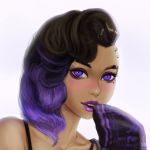  1girl alternate_hairstyle anastasia_(asteltainn) asymmetrical_hair black_hair blush dark_skin eyelashes eyeshadow gradient_hair lipstick looking_at_viewer makeup medium_hair mole mole_under_eye multicolored_hair nose nose_blush overwatch purple_eyes purple_eyeshadow purple_hair purple_lips purple_lipstick solo sombra_(overwatch) spaghetti_strap thick_eyebrows two-tone_hair undercut 