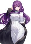  1girl black_coat blush breasts coat dress fern_(sousou_no_frieren) highres large_breasts long_hair long_sleeves looking_at_viewer off_shoulder open_clothes open_coat purple_eyes purple_hair ririko_(zhuoyandesailaer) sidelocks solo sousou_no_frieren white_dress 