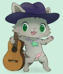  2020 american_shorthair animal_genitalia balls chibi clothing digital_media_(artwork) domestic_cat erection felid feline felis fur genitals green_eyes grey_body grey_fur guitar hat headgear headwear jewelpet jewelry looking_at_viewer male mammal musical_instrument necklace nude open_mouth paws penis plucked_string_instrument pyritie sanrio semi-anthro simple_background solo string_instrument stripes tour_(jewelpet) 