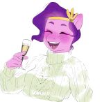 alcohol aztrial beverage blush champagne champagne_flute clothing equid equine eyes_closed fur hair hasbro hi_res mammal mlp_g5 my_little_pony open_mouth open_smile pink_body pink_fur pipp_petals_(mlp) purple_hair smile sweater topwear turtleneck