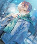  1boy absurdres bare_tree blonde_hair blush closed_mouth green_eyes green_pants green_scarf grey_jacket highres jacket long_sleeves looking_at_viewer male_focus original pants scarf short_hair smile snow snowing striped striped_scarf tree u-sama_(u_summer0719) winter 