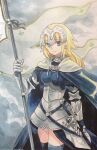  1girl armor blonde_hair blue_cape blue_eyes blue_shirt blue_thighhighs breasts cape closed_mouth commentary_request cowboy_shot fate_(series) gauntlets highres jeanne_d&#039;arc_(fate) kaigen_1025 long_hair looking_at_viewer medium_breasts painting_(medium) shirt smile solo thighhighs traditional_media watercolor_(medium) 