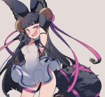  1girl animal_ear_fluff animal_ears arm_up bell black_gloves black_hair blunt_bangs blush breasts dress elbow_gloves erune fox_ears fox_shadow_puppet fox_tail gloves granblue_fantasy grey_background hair_bell hair_ornament highres jingle_bell long_hair medium_breasts open_mouth pink_eyes shimazaki1152 simple_background solo tail thigh_strap very_long_hair white_dress yuel_(granblue_fantasy) 
