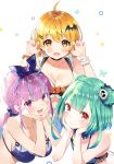  3girls :d adapted_costume ahoge aqua_hair aqua_nails bat_hair_ornament bikini black_bikini black_choker blonde_hair blue_bikini blush bracelet braid breasts choker claw_pose cleavage closed_mouth collarbone commentary double_bun drill_hair ear_piercing eyebrows_visible_through_hair fang french_braid frilled_bikini frills green_hair hair_between_eyes hair_ornament hair_ribbon hairclip hands_on_own_cheeks hands_on_own_face highres hololive jewelry long_hair looking_at_viewer medium_breasts medium_hair midriff minato_aqua multicolored_hair multiple_girls nail_polish open_mouth piercing pink_nails purple_eyes purple_hair red_eyes ribbon short_hair simple_background skull_hair_ornament small_breasts smile star star_choker streaked_hair swimsuit twin_drills twintails two-tone_hair upper_body uruha_rushia virtual_youtuber white_background wrist_cuffs yasuyuki yellow_eyes yozora_mel 