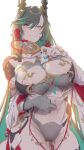  1girl black_hair blue_eyes breasts cleavage colored_inner_hair dragon_girl dragon_horns granblue_fantasy green_hair horns ion_(cation) large_breasts long_hair long_sleeves looking_at_viewer multicolored_hair payila_(granblue_fantasy) pointy_ears see-through see-through_cleavage smile solo 