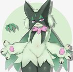 2023 3_fingers ambiguous_gender anthro biped colored digital_media_(artwork) featureless_crotch felid feline fingers frill_(anatomy) front_view fur generation_9_pokemon green_background green_body green_fur head_tuft hi_res kemono leaf leg_tuft looking_at_viewer mammal meowscarada multicolored_body multicolored_fur navel neck_frill neru3plus1 nintendo nude pawpads pink_nose pink_pawpads pokemon pokemon_(species) portrait pupils purple_eyes shaded simple_background slit_pupils solo standing three-quarter_portrait tuft two_tone_body two_tone_fur