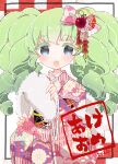  1girl 2024 :d akeome bow colored_eyelashes commentary_request cowboy_shot earmuffs falulu floral_print flower frilled_kimono frills green_hair grey_eyes hair_bow hair_flower hair_ornament happy_new_year highres holding japanese_clothes kimono long_hair long_sleeves looking_at_viewer misao_(0w0_egg) new_year obi open_mouth pink_bow pink_kimono pretty_series print_kimono pripara sash sidelocks sleeves_past_wrists smile solo standing translation_request twintails wide_sleeves 