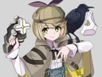  1girl animal_on_shoulder animal_print bear_panties bear_print bird blonde_hair brown_capelet brown_headwear capelet closed_mouth crow detective flat_cap furby_hmt green_eyes grey_background gun handgun hat heaven_burns_red holding holding_gun holding_weapon irene_redmayne long_sleeves looking_at_viewer panties print_panties shirt short_hair solo underwear upper_body weapon white_panties white_shirt 