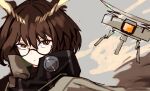  1girl absurdres arknights bright_pupils brown_eyes brown_hair brown_jacket drone glasses high_collar highres jacket looking_at_viewer owl_ears portrait satisfy027 semi-rimless_eyewear short_hair silence_(arknights) solo under-rim_eyewear v-shaped_eyebrows white_pupils 