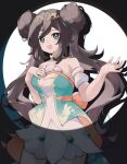  1girl absurdres asatte_3z bare_shoulders breasts brown_hair cowboy_shot double_bun dress drop_shadow hair_bun hand_on_own_chest highres looking_at_viewer official_alternate_costume pokemon pokemon_masters_ex rosa_(champion)_(pokemon) rosa_(pokemon) solo strapless strapless_dress tiara 