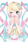  1girl ;d blonde_hair blue_bow blue_dress blue_eyes blue_hair blush bow chouzetsusaikawa_tenshi-chan commentary_request dress gradient_hair hair_bow hands_up long_hair looking_at_viewer multicolored_hair needy_girl_overdose official_alternate_costume one_eye_closed open_mouth pink_bow pink_hair puffy_sleeves purple_hair quad_tails simple_background smile solo sweets_paradise upper_body white_background white_bow yumeno_(yume0601) 