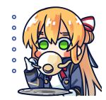  ... 1girl blue_jacket blush_stickers chibi chinese_commentary commentary_request cup expressionless girls&#039;_frontline gloves green_eyes hair_between_eyes hair_ribbon hair_rings highres holding holding_cup holding_saucer jacket long_hair long_sleeves looking_at_viewer neck_ribbon official_art orange_hair pinky_out ponytail red_ribbon ribbon saucer shaded_face shirt simple_background solo springfield_(girls&#039;_frontline) striped striped_ribbon su_xiao_jei teacup upper_body white_background white_gloves white_ribbon white_shirt 