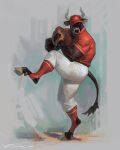 2023 action_pose anthro baseball_(sport) baseball_cap baseball_glove baseball_uniform big_muscles bottomwear bovid bovine cattle clothed clothing footwear fur gloves grey_background handwear hat headgear headwear hi_res hooves horn knee_highs knee_socks legwear male mammal muscular muscular_anthro muscular_male notched_ear on_one_leg painterly pants pose shirt signature simple_background socks solo sport sportswear standing taran_fiddler toeless_footwear toeless_socks tongue tongue_out topwear tuft uniform