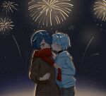  2024 2boys blue_hair blush chongyun_(genshin_impact) commentary_request earrings fireworks genshin_impact hand_on_another&#039;s_shoulder highres hood hood_down imminent_kiss jewelry long_sleeves male_focus medium_hair multiple_boys new_year night night_sky orenjineko14 red_scarf scarf sky tassel tassel_earrings thai_commentary xingqiu_(genshin_impact) yaoi yellow_eyes 