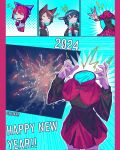  ! !! 2024 3girls animal_ears artist_name blue_background blue_bow blue_hair bow brown_hair cloak commentary corporalblake disembodied_head drill_hair drill_sidelocks emphasis_lines english_commentary fins grass_root_youkai_network hair_bow happy_new_year head_fins highres imaizumi_kagerou long_hair long_sleeves multiple_girls red_skirt sekibanki sidelocks skirt touhou wakasagihime wolf_ears wolf_girl 