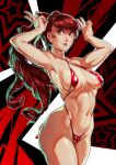  1girl alternate_costume armpits arms_up bikini breasts double_v highres long_hair looking_at_viewer medium_breasts navel nemodecy persona persona_5 persona_5_the_royal ponytail red_eyes red_hair skindentation solo swimsuit v yoshizawa_kasumi 