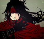  1boy black_gloves black_hair cloak closed_mouth commentary_request expressionless final_fantasy final_fantasy_vii final_fantasy_vii_rebirth floating_hair gloves hand_up headband high_collar highres long_hair looking_at_viewer male_focus red_cloak red_eyes red_headband shinogu_r signature solo upper_body vincent_valentine 