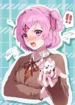  ! 1girl absurdres angry animal-themed_food aqua_background arm_under_breasts blazer blush bob_cut bow bowtie breasts brown_jacket brown_sweater_vest collared_shirt commentary cropped_torso cupcake doki_doki_literature_club dress_shirt embarrassed english_commentary fang flying_sweatdrops food hair_ornament hair_ribbon highres incoming_food jacket looking_at_viewer name_tag natsuki_(doki_doki_literature_club) neck_ribbon nose_blush outline pink_eyes pink_hair plaid plaid_background reaching reaching_towards_viewer red_bow red_bowtie red_ribbon ribbon school_uniform shirt short_hair small_breasts speech_bubble spoken_exclamation_mark sweat sweater_vest swept_bangs tsundere two_side_up upper_body v-shaped_eyebrows white_outline white_shirt x_hair_ornament xantam0129 