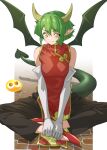  1girl bare_shoulders black_pants butterfly_sitting china_dress chinese_clothes commentary draco_centauros dress elbow_gloves full_body gloves green_hair hair_between_eyes hands_on_own_feet highres horns looking_at_viewer monster_girl no_pupils on_ground pants pointy_ears puyo_(puyopuyo) puyopuyo red_dress short_hair side_slit sitting sleeveless sleeveless_dress smile solo tail tanabe_(fueisei) white_gloves wings yellow_eyes 