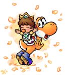  1boy 1girl baby baby_daisy bib blue_footwear blush_stickers boots brown_hair closed_eyes crown full_body highres keidontlie looking_at_viewer mario_(series) official_style open_mouth orange_petals pacifier simple_background white_background yoshi yoshi&#039;s_island_ds yoshi&#039;s_island_ds_(style) 